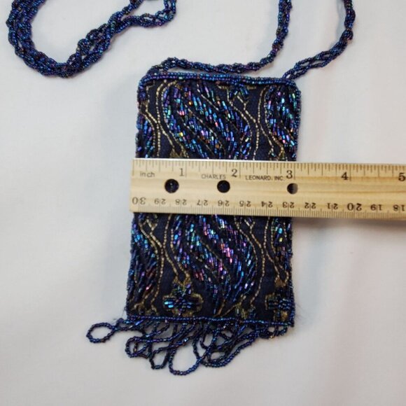 Vintage Blue Beaded Evening Bag With Fringe & Strap - Picture 12 of 12